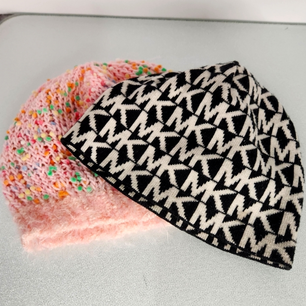 Lot 2 winter beanies Michael Kors MK black white logo beanie‎ & pink chenille